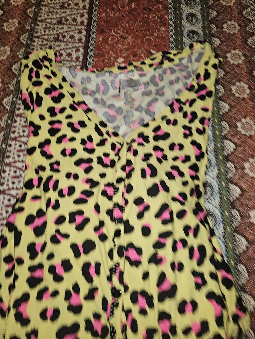 Fashion Nova Yellow Leopard-Print Pajama Romper with Pink & Black Spots